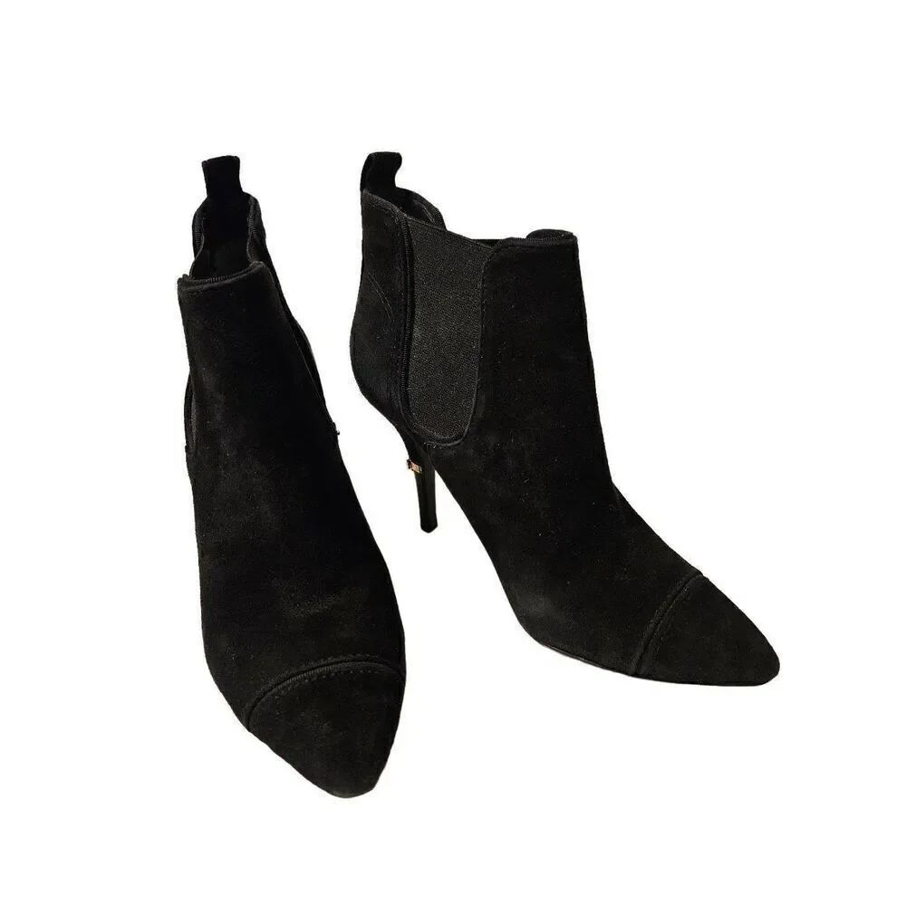 Tory Burch black suede ankle booties with gold emblem on heel. Size 7.